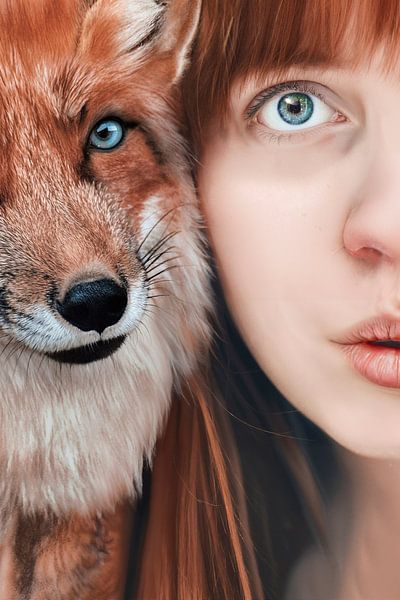 Rothaarige Dame mit Fuchs - Warme Farbtöne Foto für Innendekoration von Elianne van Turennout