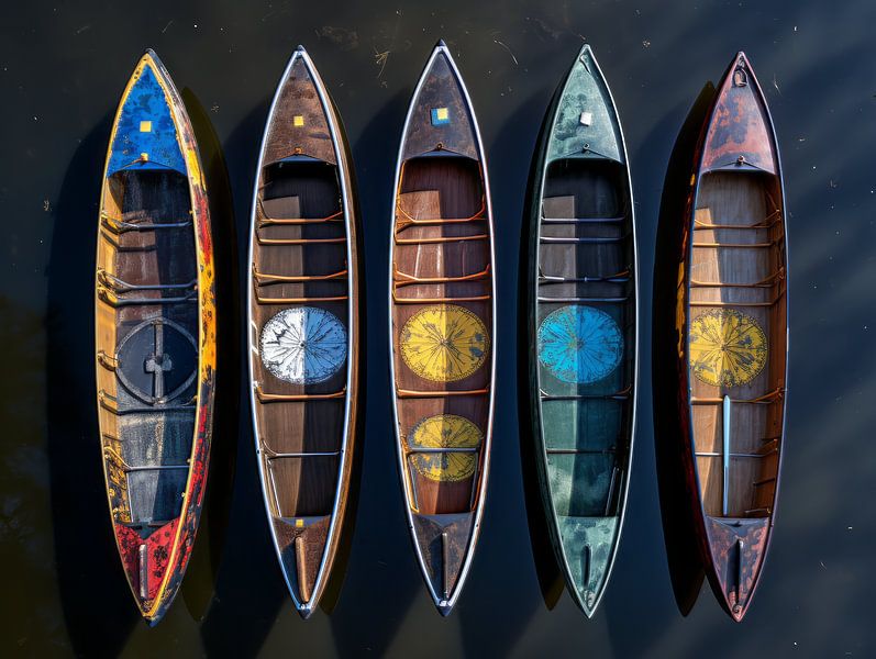Canoe&#039;s in different colours, American native by Bert Meijer