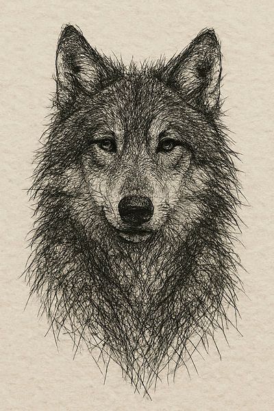 Wire portrait of a wolf (wild animal minimalist black and white tough mancave) by Natalie Bruns