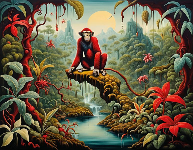 Singe rouge dans le surréalisme de la jungle par Betty Maria Digital Art