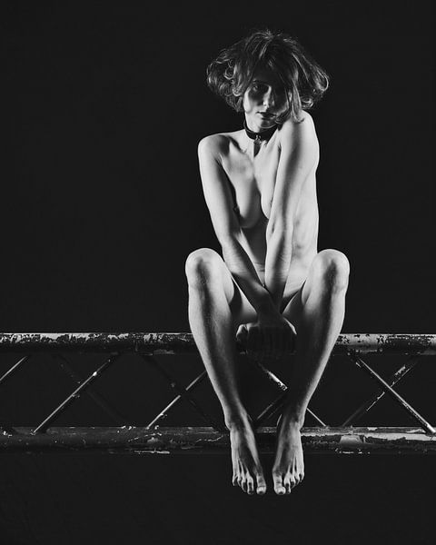 Beautiful naked woman sitting on a stage truss. #9681 by Photostudioholland
