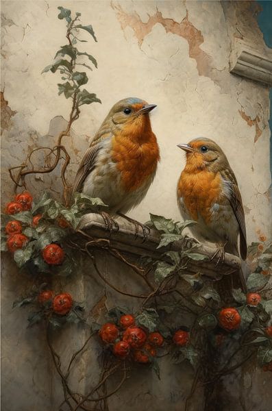 Rotkehlchen auf einer alten Mauer von Emil Husstege