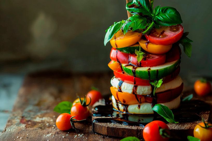 Bunte Gemüseturm mit Basilikumdeko von Poster Art Shop