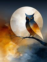 Silhouet van een uil met gouden ogen onder de maan Graphic Wall Art