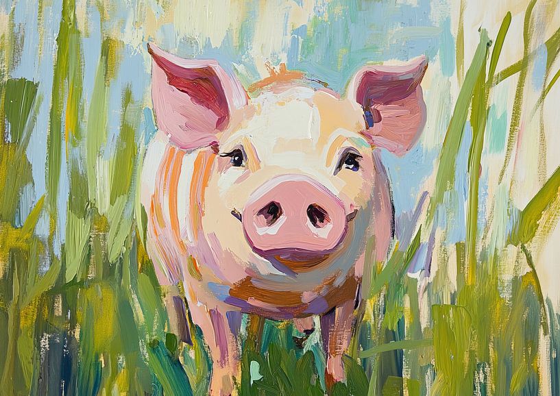 Schweinchen | Glückliches Schweinchen im Garten von Blickfänger Gemälde