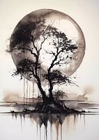 Aquarelle arbre noir dans la lune