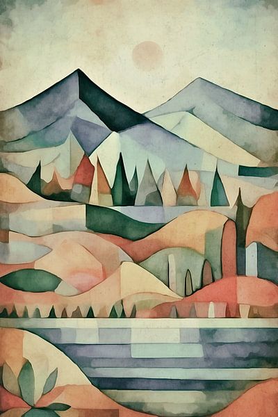 Abstract berglandschap met een meer en bomen van Anna Marie de Klerk