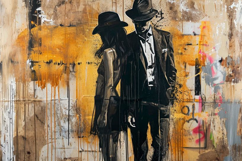 Mann und Frau mit Hüten – Elegantes Graffiti-Kunstwerk von BowiScapes Abstrakt und digitale Kunst