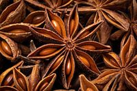 Graines d'anis étoilé séchées, entières, en gros plan dans une image globale