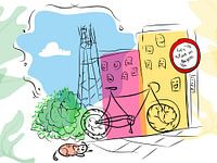 Fahrrad in der Stadt mit Katze