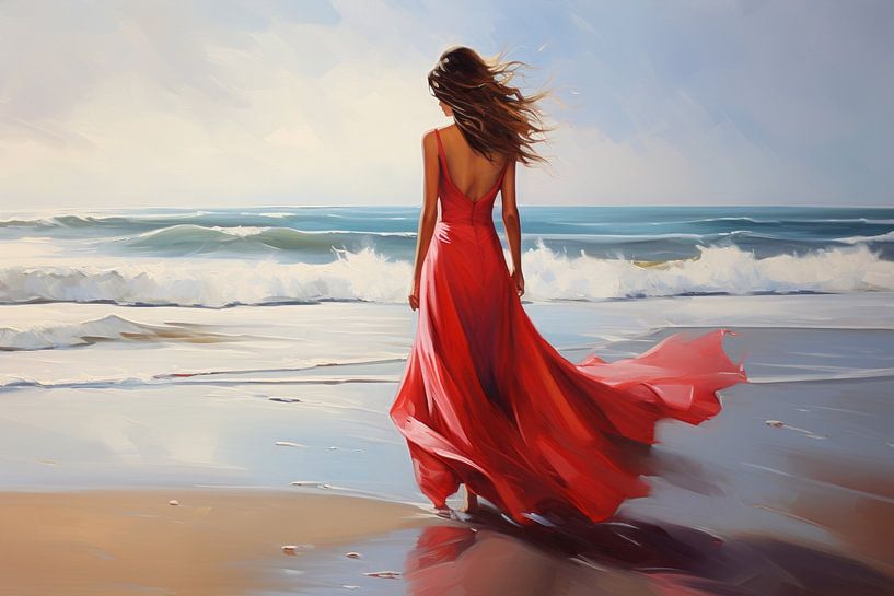 Robe rouge sur la plage par PIX on the wall