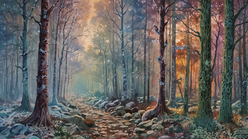 Winter landscape Birch forest at sunrise in warm pastel shades by Marina Lijesnic
