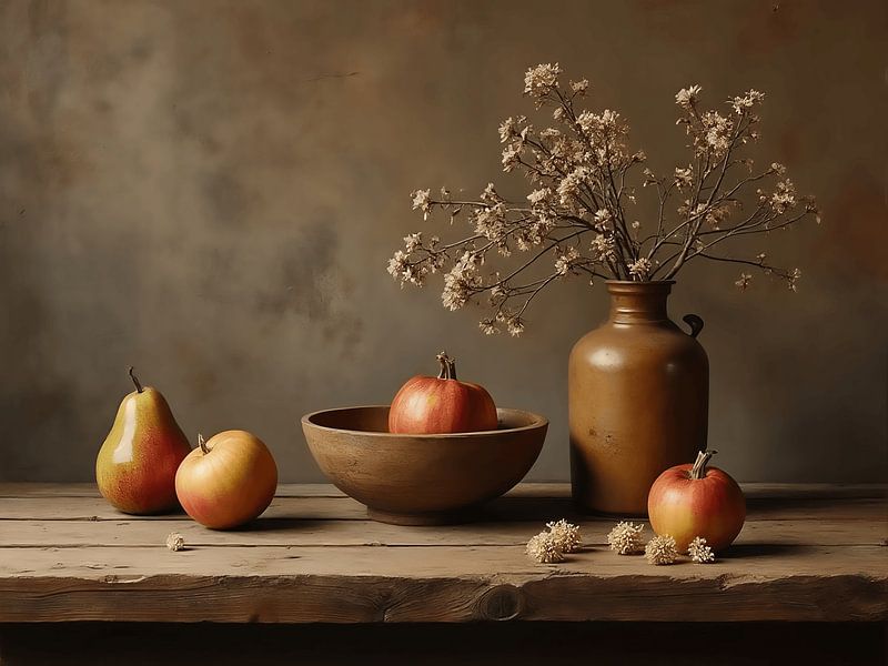 Still life with pottery and fruit in shades of brown by The Photo Artist