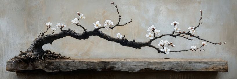 Branch almond blossom bonsai still life wood old panorama by Digitale Schilderijen