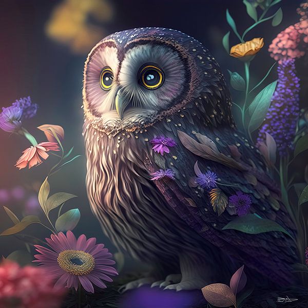 Eule mit Blumen von Gelissen Artworks