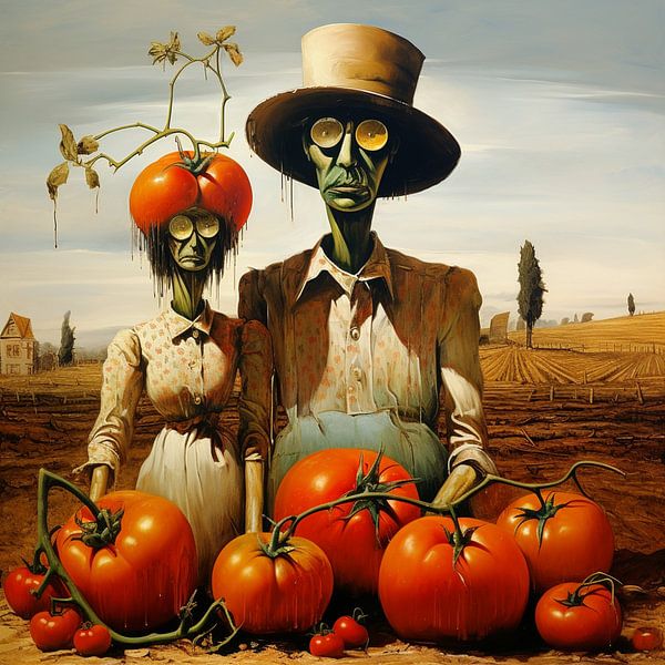 Tomaten Farmer Ehepaar Karikatur Landschaft Portrait von gm_designs