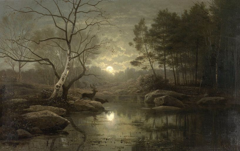 Forest landscape by moonlight, Georg Eduard Otto Hall by Masterful Masters