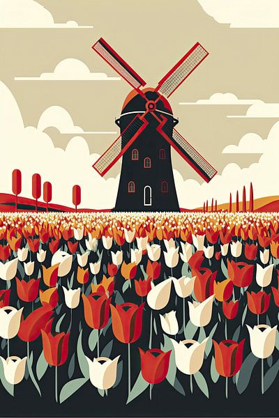 Minimalistisches niederländisches Tulpenfeld mit einer Windmühle von Vlindertuin-Art