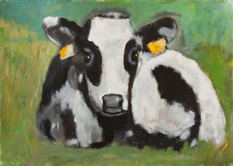 vache/veau couché dans l'herbe par Marjolein Bresser