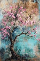 Blühender Baum auf türkisem Hintergrund