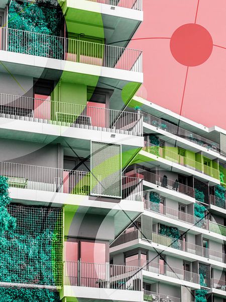Paysage urbain géométrique rose et vert par Mixed media vector arts