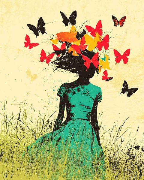 Fille en robe turquoise avec papillons de pensées par Color Square