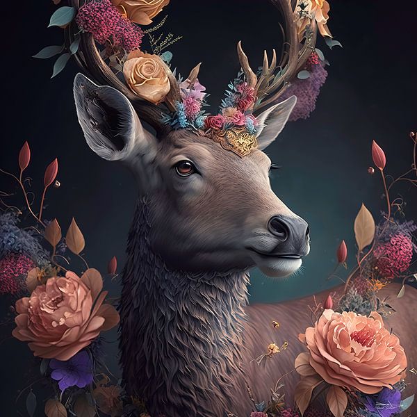 Hirsche mit Blumen von Gelissen Artworks