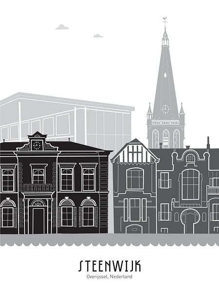Skyline-Illustration Steenwijk in schwarz-weiß-grau von Mevrouw Emmer