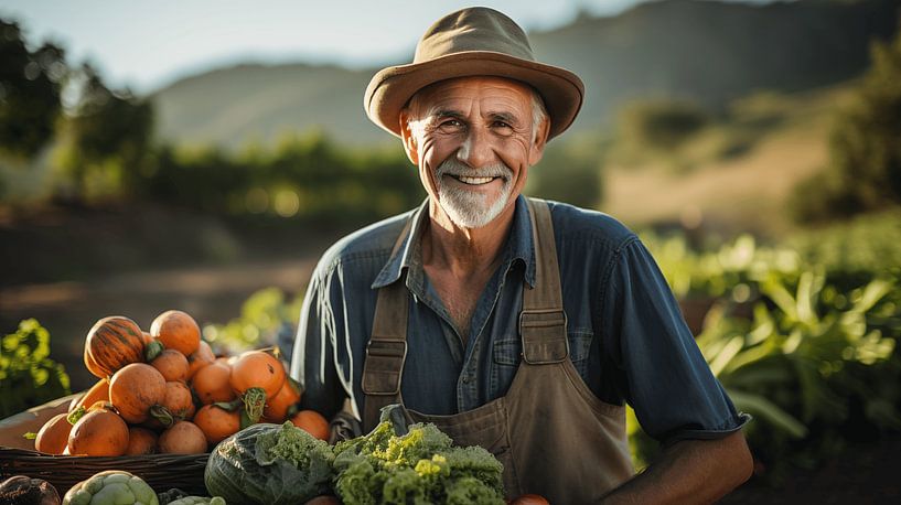 Bauer lächelt und hält einen Korb mit Gemüse im Garten von Animaflora PicsStock