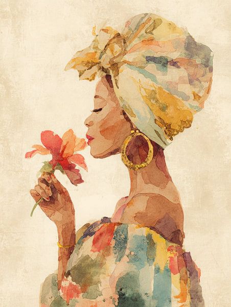Watercolour painting of elegant woman with headscarf and flower by But First Framing