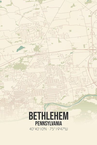 Carte ancienne de Bethlehem (Pennsylvanie), USA. par Affiches de lieux