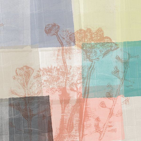 Modern abstract botanical art in pastel colors. Light terra, mint, yellow. by Dina Dankers