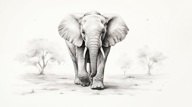 süße junge Elefanten Zeichnung, Elefanten-Bleistiftzeichnung im Vintage-Stil von Animaflora PicsStock