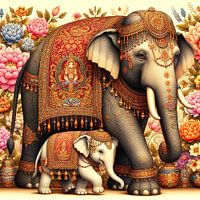 Indische Kunst, Elefant mit Kalb und Buddha