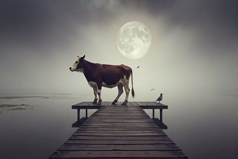 Kuh auf Holzsteg bei Vollmond von Kleurenrijk