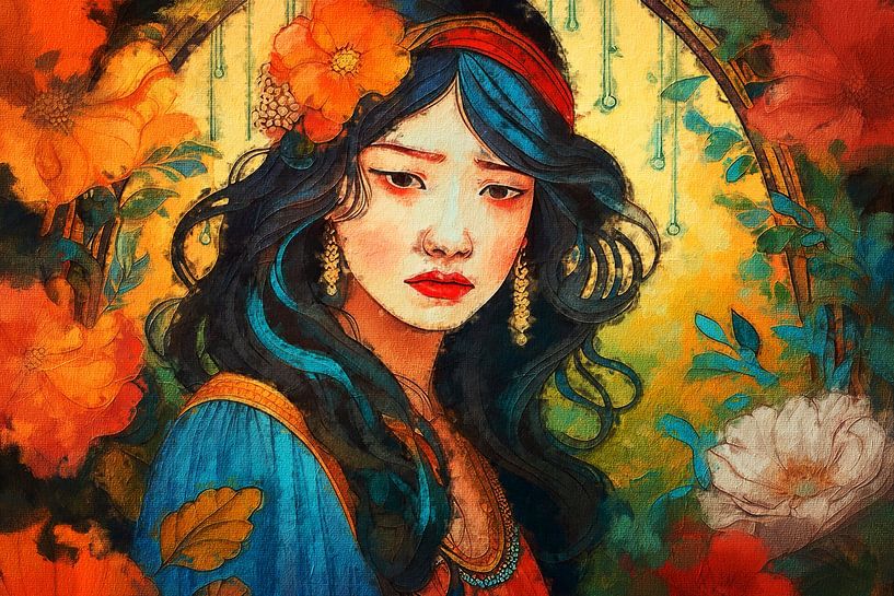 Sad Asian girl surrounded by flowers (art) by Art by Jeronimo