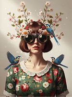 Blindfolded Blossom Muse – Surreal Portrait with Birds & Flowers