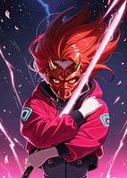 Anime Mädchen trägt Oni Maske hält Katana