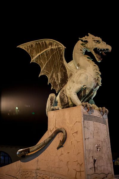 Dragon on the dragon bridge in downtown Lubliana, Slovenia late at night by Joost Adriaanse