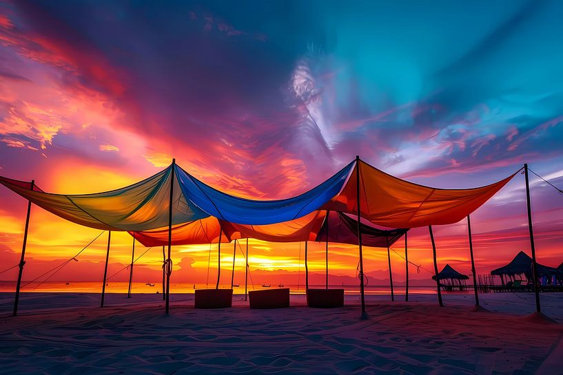 Tentes d'été sur la plage au coucher du soleil par Art & Soul Creations