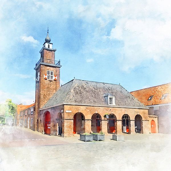 Aquarellbild eines historischen Gebäudes in Sluis, Zeeuws-Vlaanderen von Danny de Klerk
