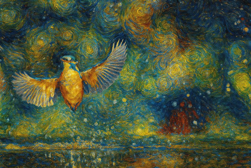 Le martin-pêcheur en couleur et en mouvement, peint comme van Gogh par Thijs Schouten