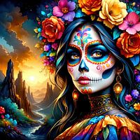 La Catrina the death woman between blossom, river and stars - A Mexican woman in the sign of the Día de los Muertos on the silent path between memory, landscape and eternity