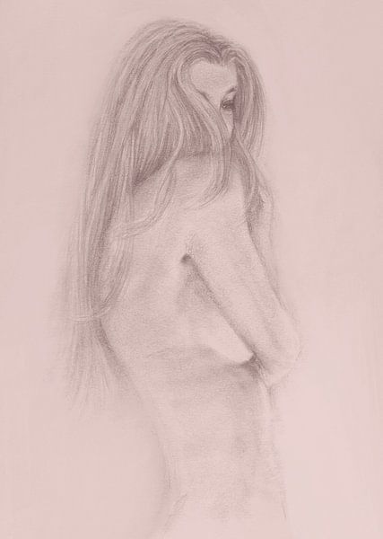 Sketch young woman , discreet nude pastel grey pink by Krista Kitsz Art
