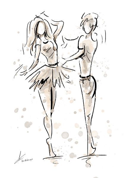 Dance duo - ballet dancers - art style with ink and watercolor. Painting in yellow brown and gold ye by Emiel de Lange