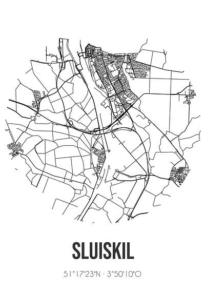 Sluiskil (Zélande) | Carte | Noir et blanc par Affiches de lieux