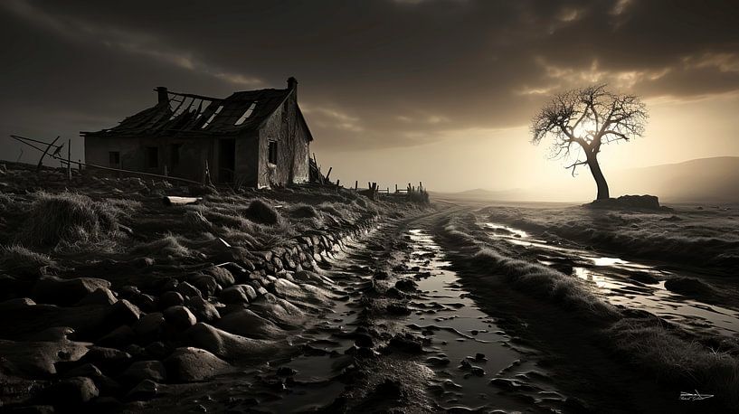 Altbau in schwarz-weiß mit dramatischem Licht von Gelissen Artworks