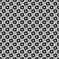 Seamless black and white pattern of stylized flowers and tiny leaves.