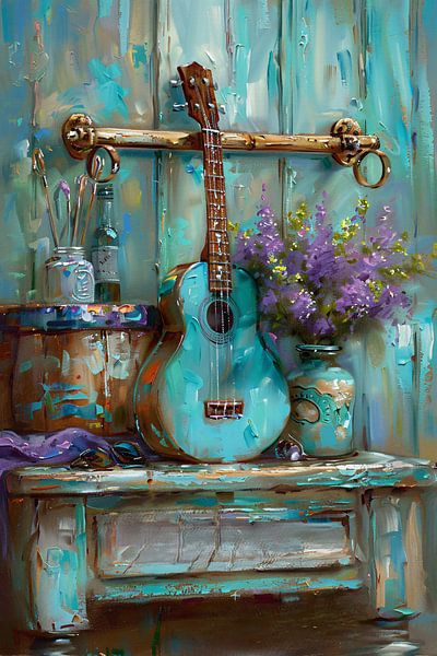 Colourful guitar still life painting by Art & Soul Creations