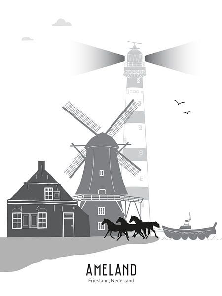 Skyline illustration wadden island Ameland black-white-grey by Mevrouw Emmer